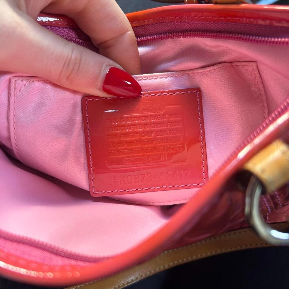 Coach Peyton Signature Embossed Patent Leather mini Tote. vibrant coral glossy - Picture 8 of 8